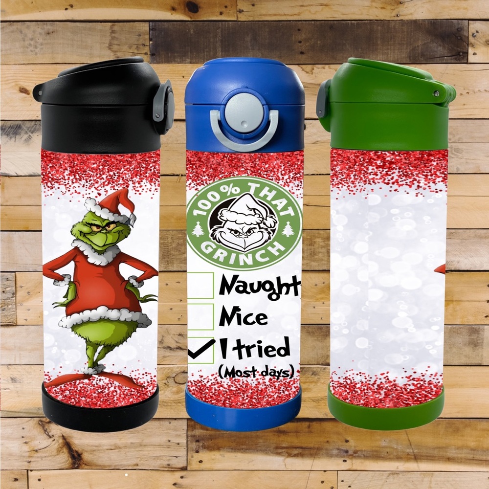 Original Grinch 12oz Flip Top Kids Stainless Steel Bottle, I tried (most days)